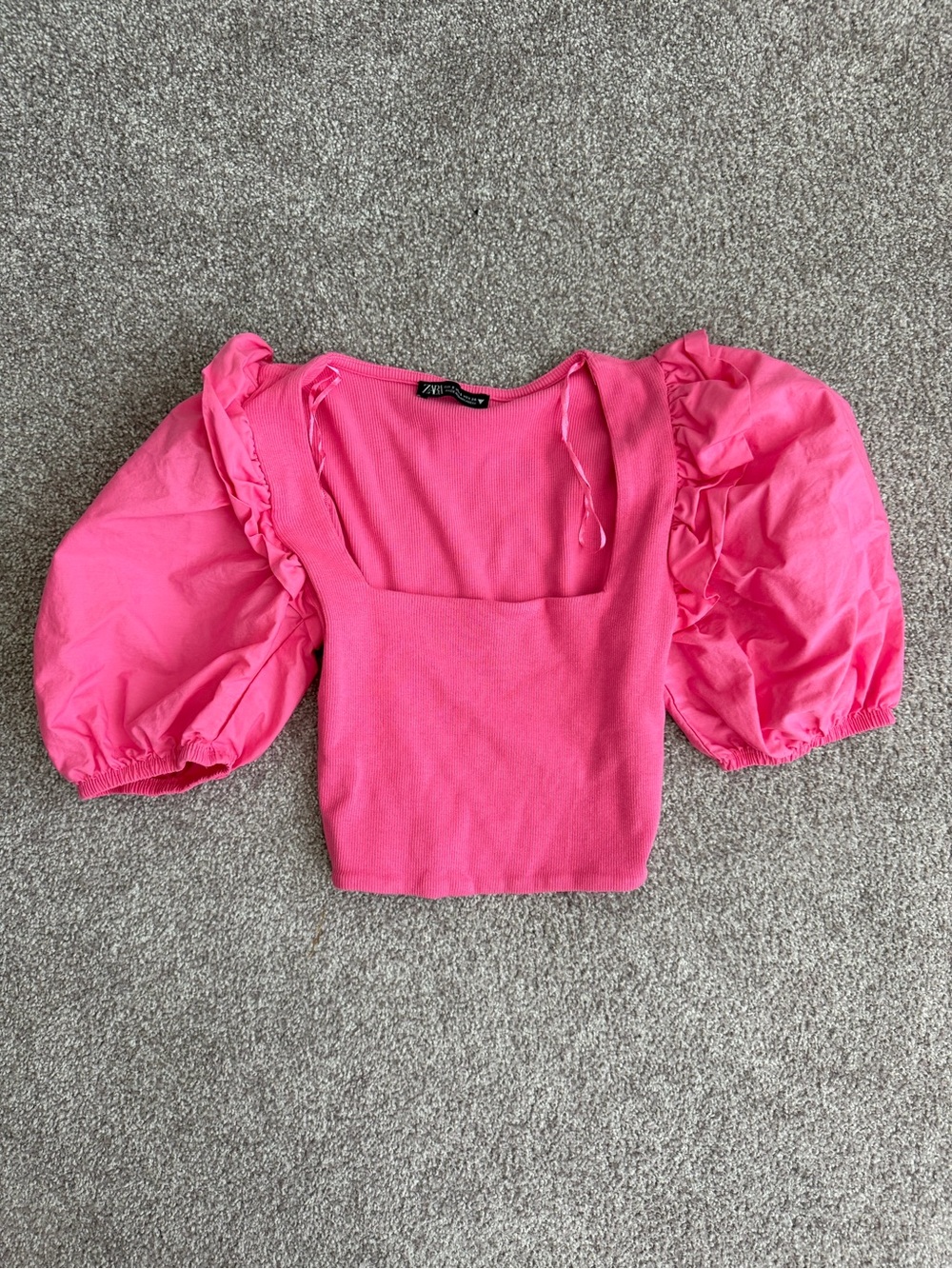 Zara Hot Pink Puff Sleeve Square-Neck Crop Top